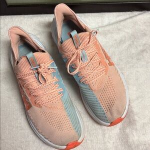 HOKA One One Womens Carbon X3 Orange/Blue Lace-Up Running Shoes Sneakers